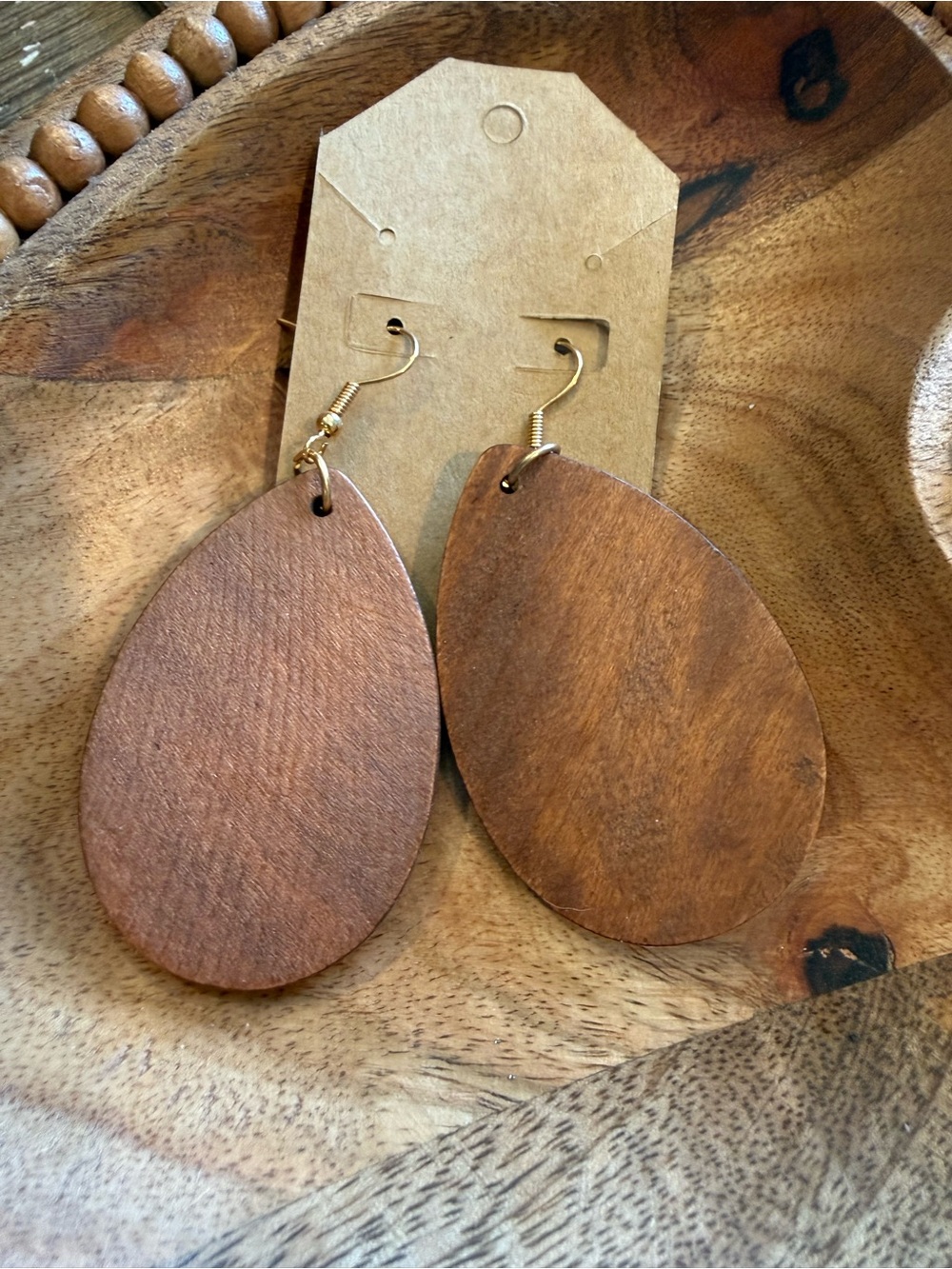 Wooden Teardrop Earrings - Warm Brown